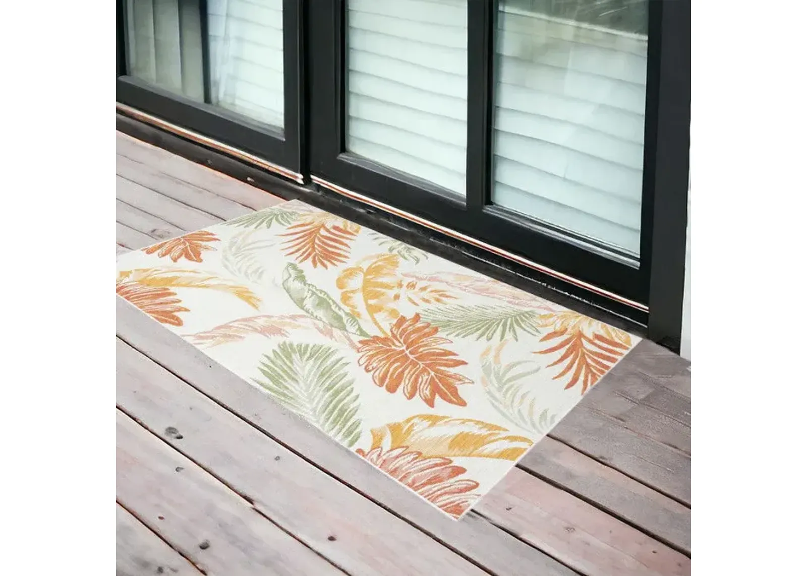 2' X 3' Palm Leaf Stain Resistant Indoor / Outdoor Area Rug - Ivory Green / Orange