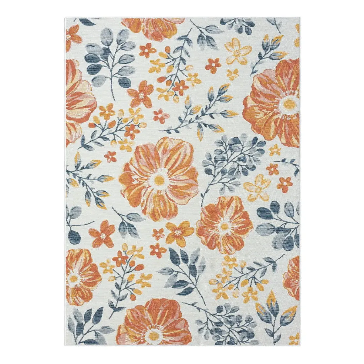 8' X 10' Floral Stain Resistant Indoor / Outdoor Area Rug - Ivory Orange / Blue