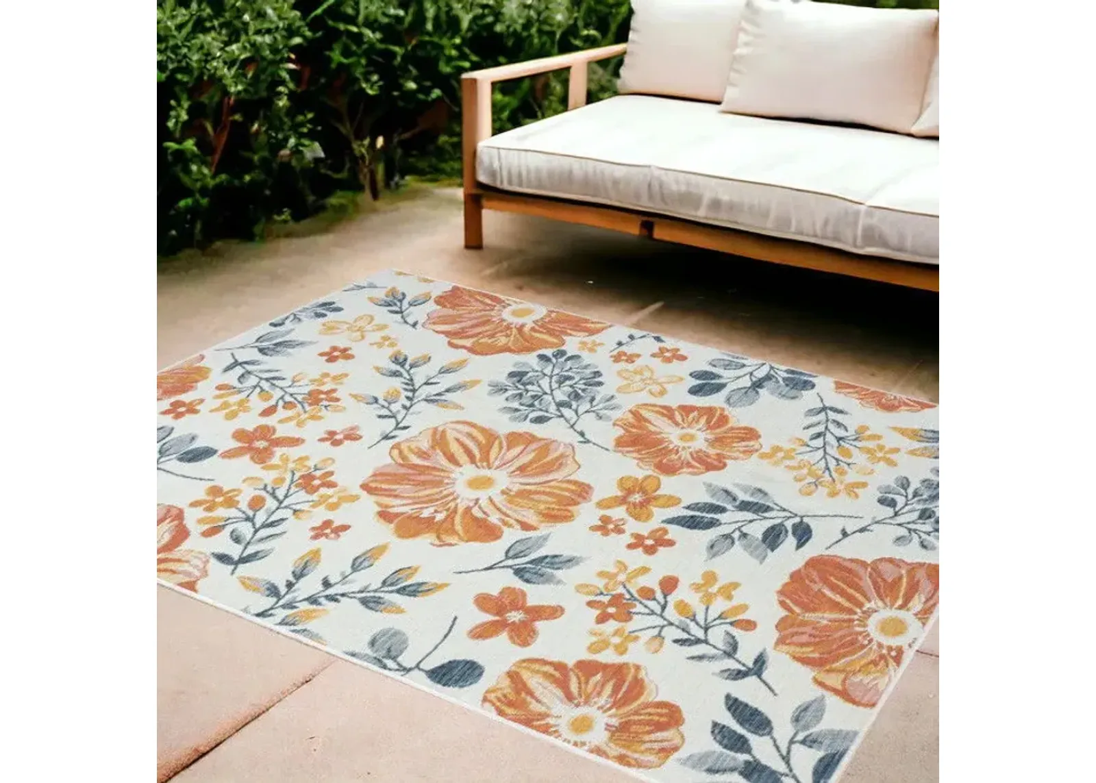 8' X 10' Floral Stain Resistant Indoor / Outdoor Area Rug - Ivory Orange / Blue