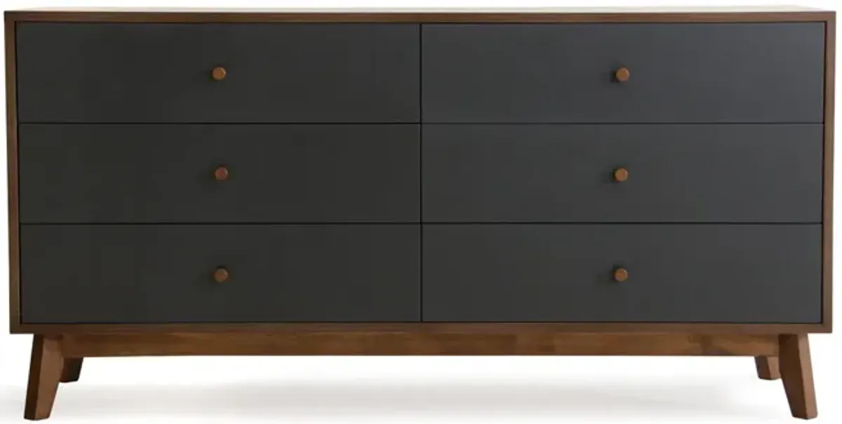 Wooden Six Drawer Double Dresser - Brown