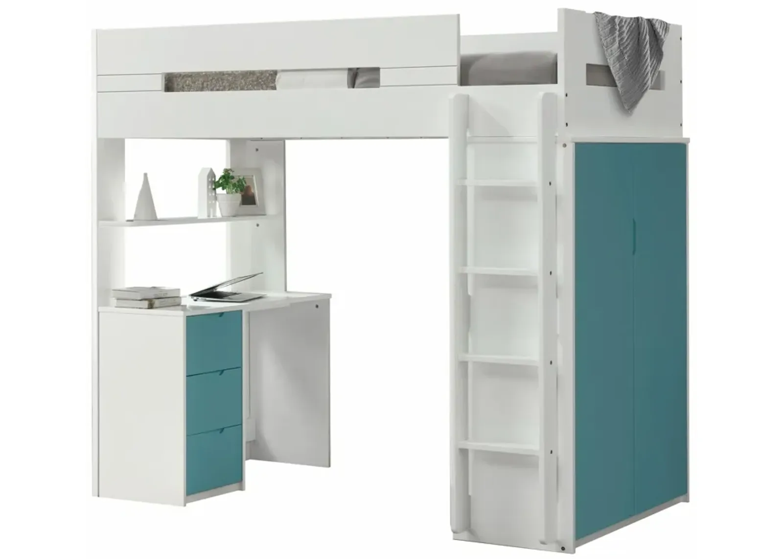 Twin Loft Bed And Desk - White / Teal