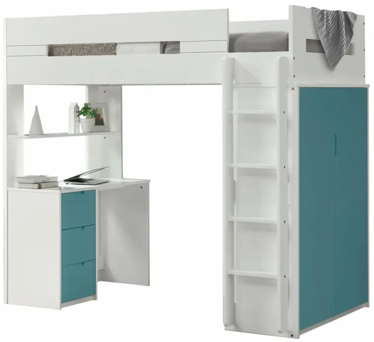 Twin Loft Bed And Desk - White / Teal