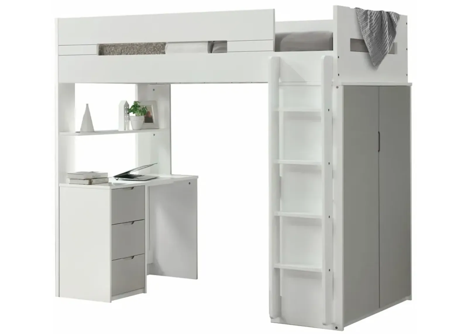 Twin Loft Bed And Desk - White / Gray