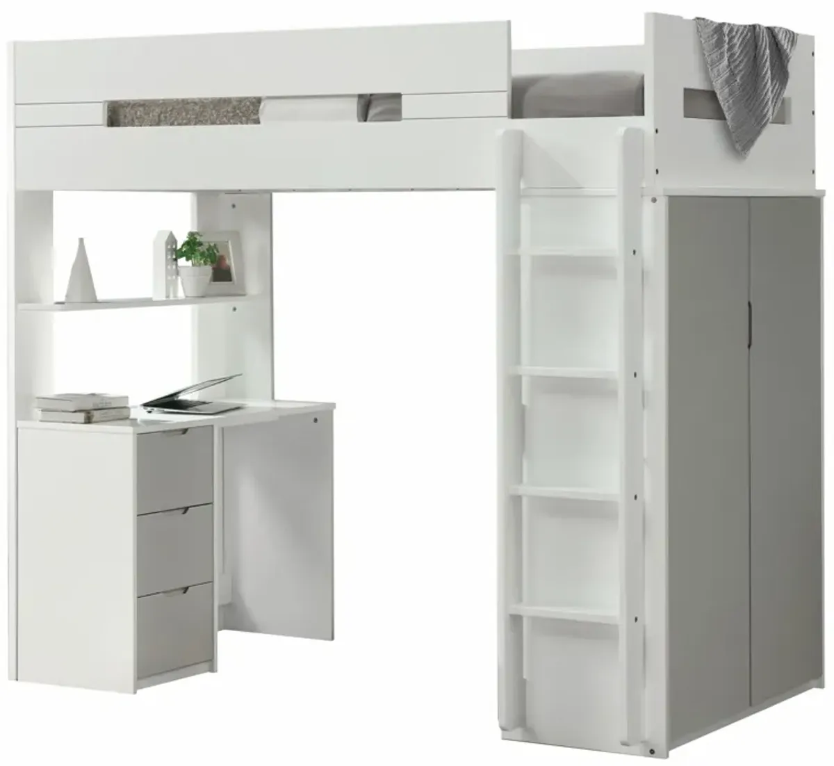 Twin Loft Bed And Desk - White / Gray