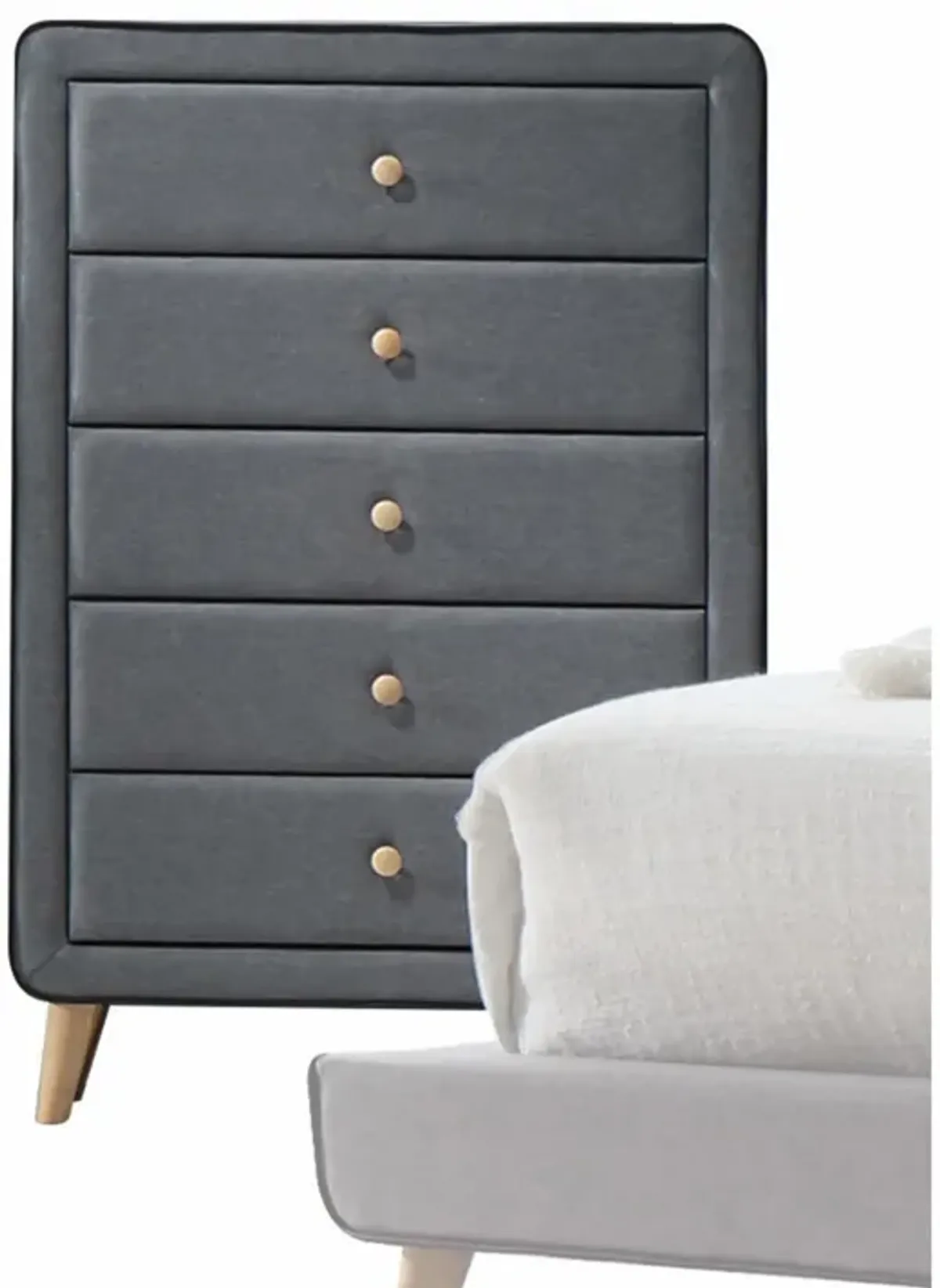 Upholstery 5 Drawer Chest Dresser With Light Natural Legs - Light Gray