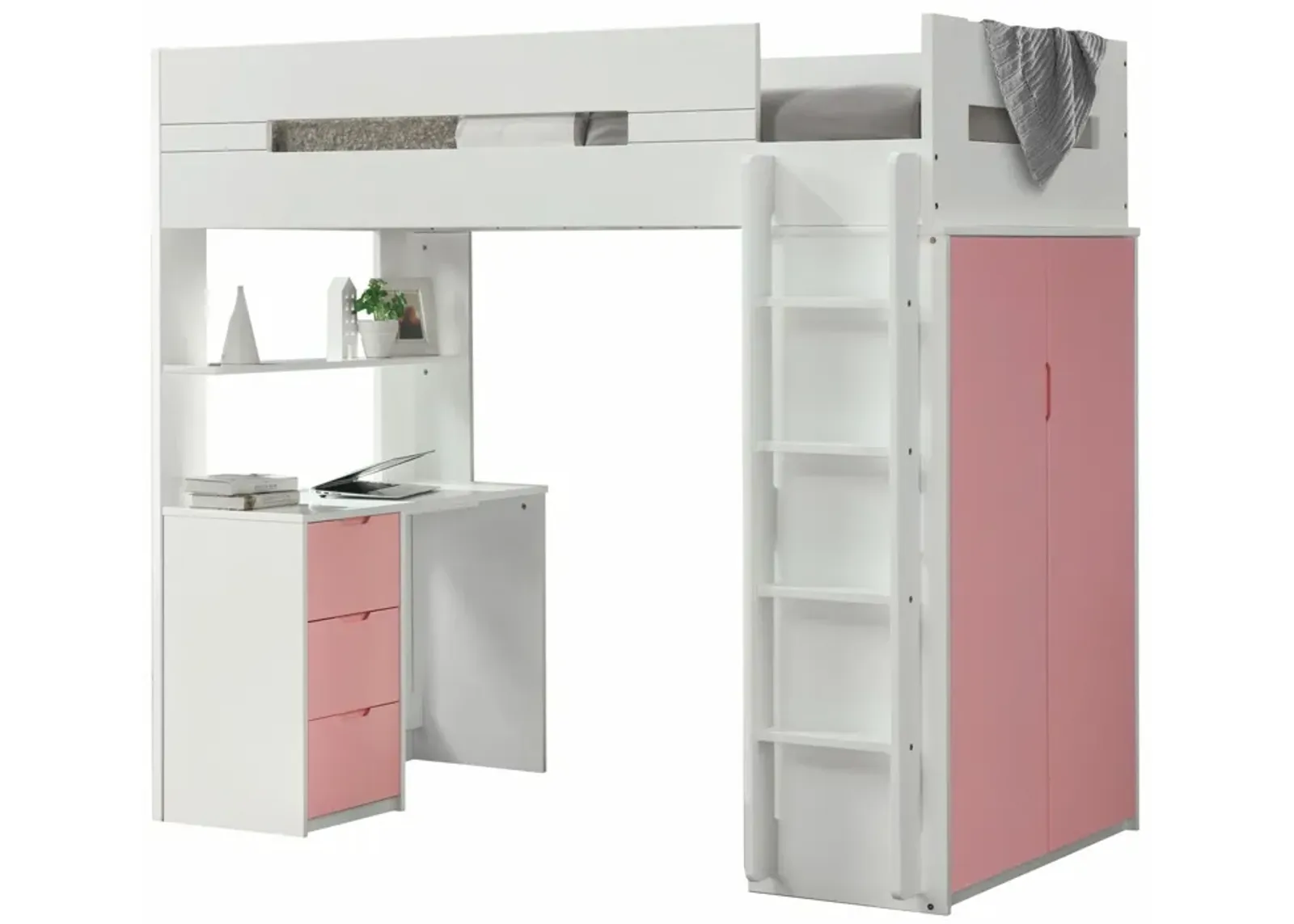 Twin Loft Bed And Desk - White / Pink