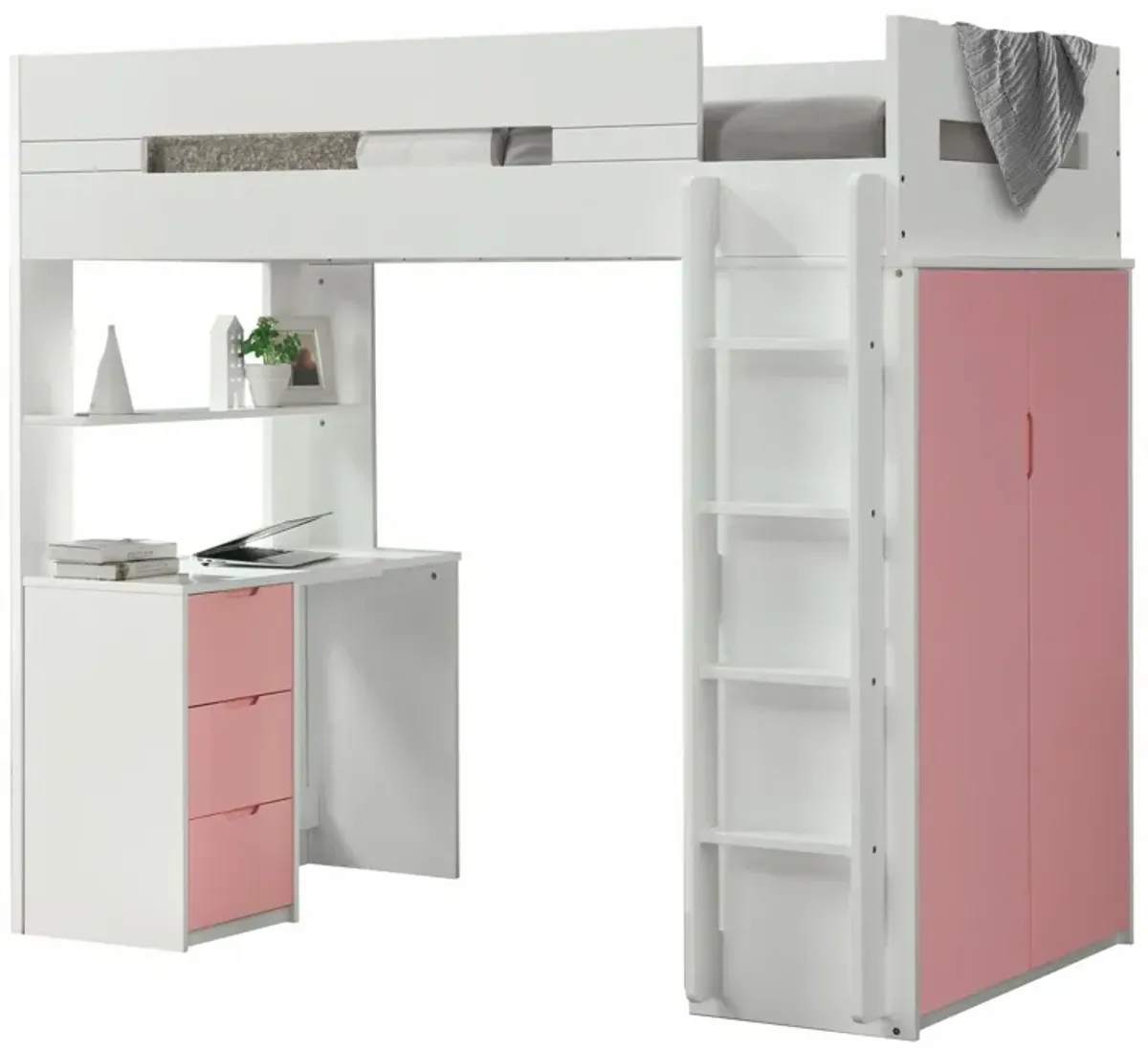 Twin Loft Bed And Desk - White / Pink