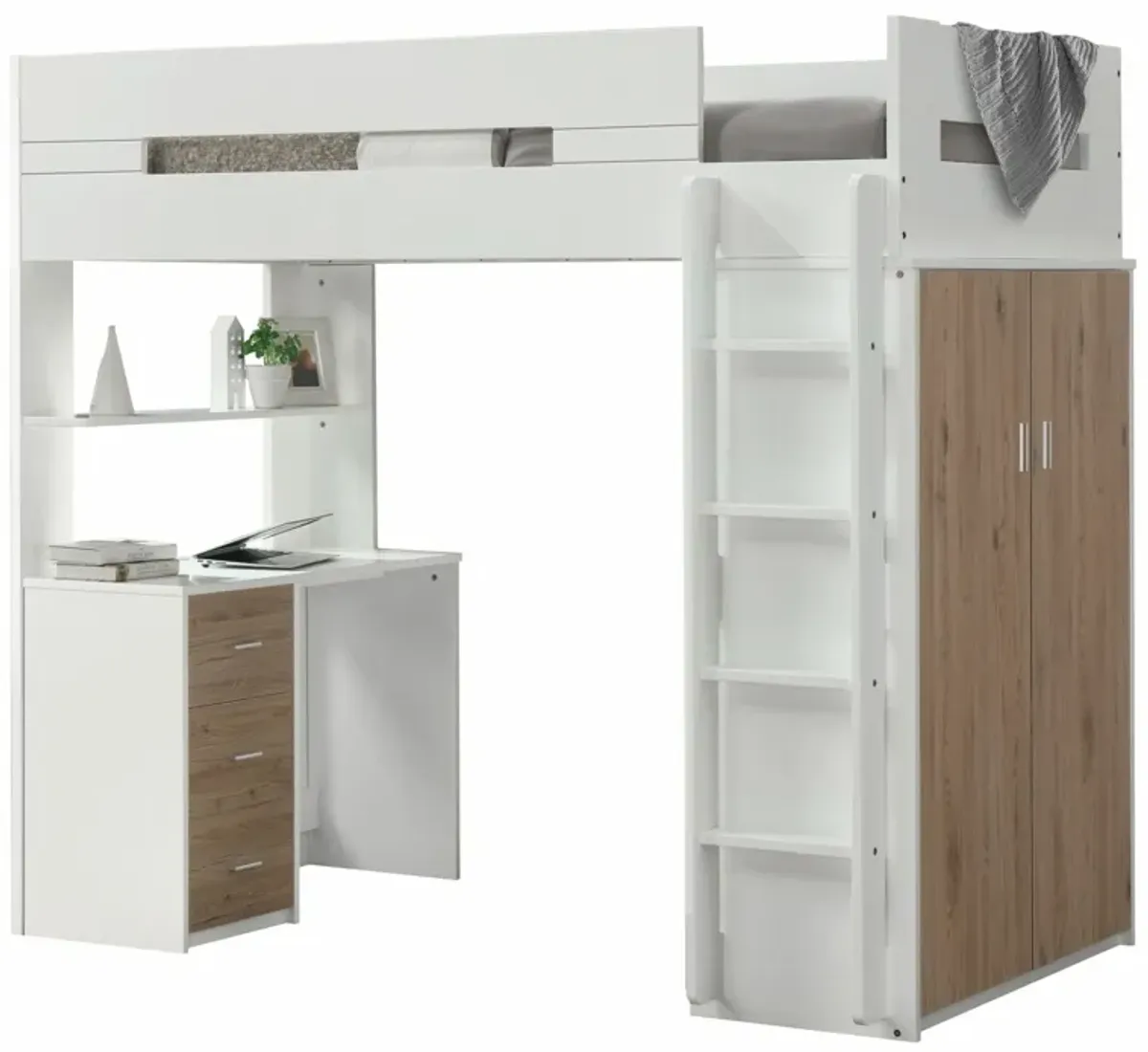 Twin Loft Bed And Desk - White / Natural