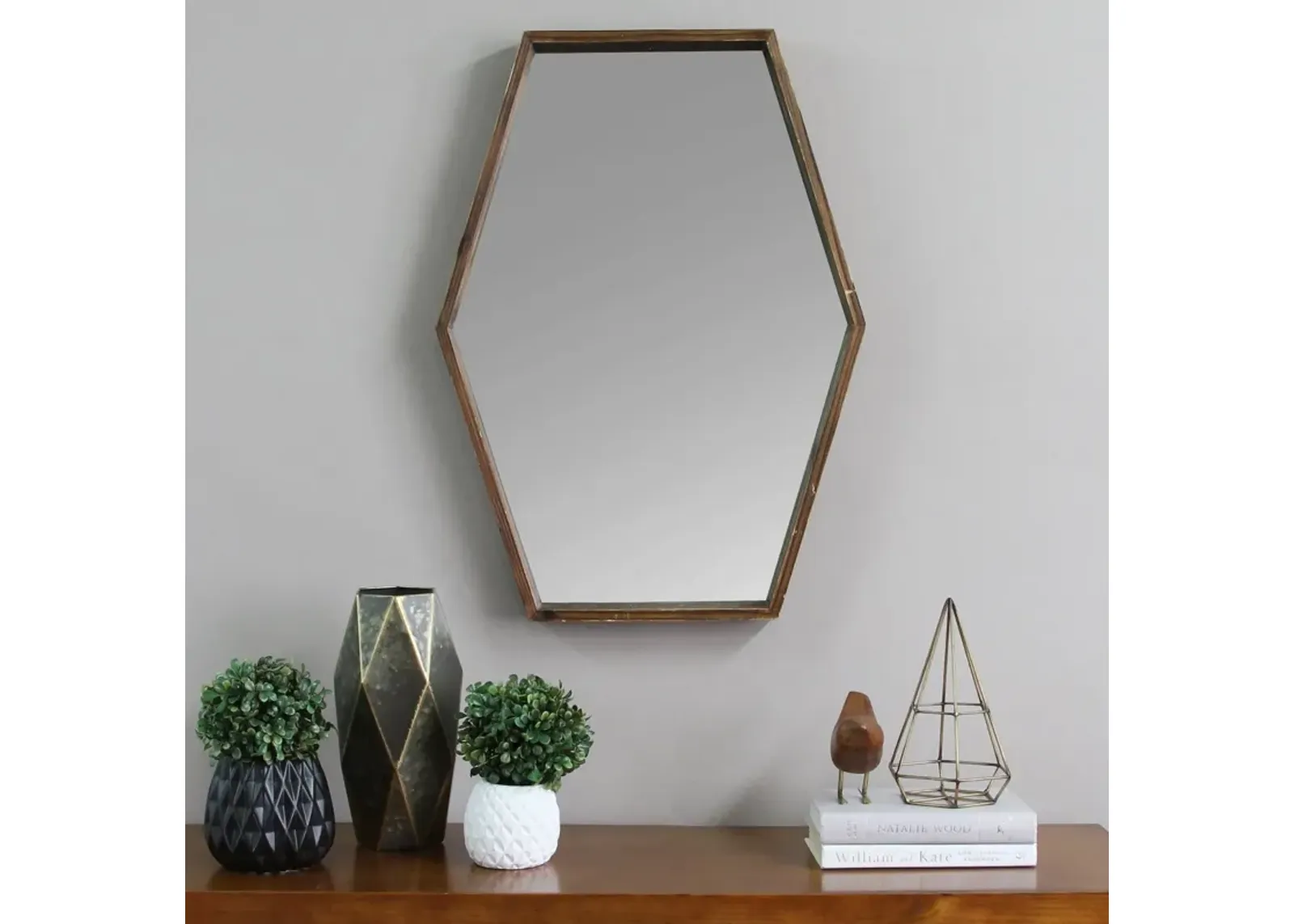 Hexagonal Frame Wall Mirror - Dark Wood