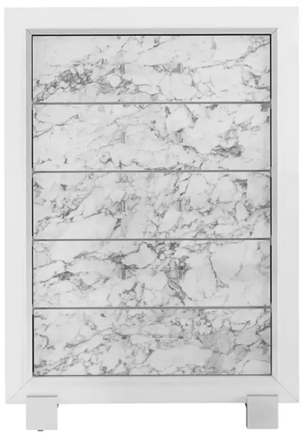 Modern Chest With 5 Faux Marble Detailed Front Drawer. - White