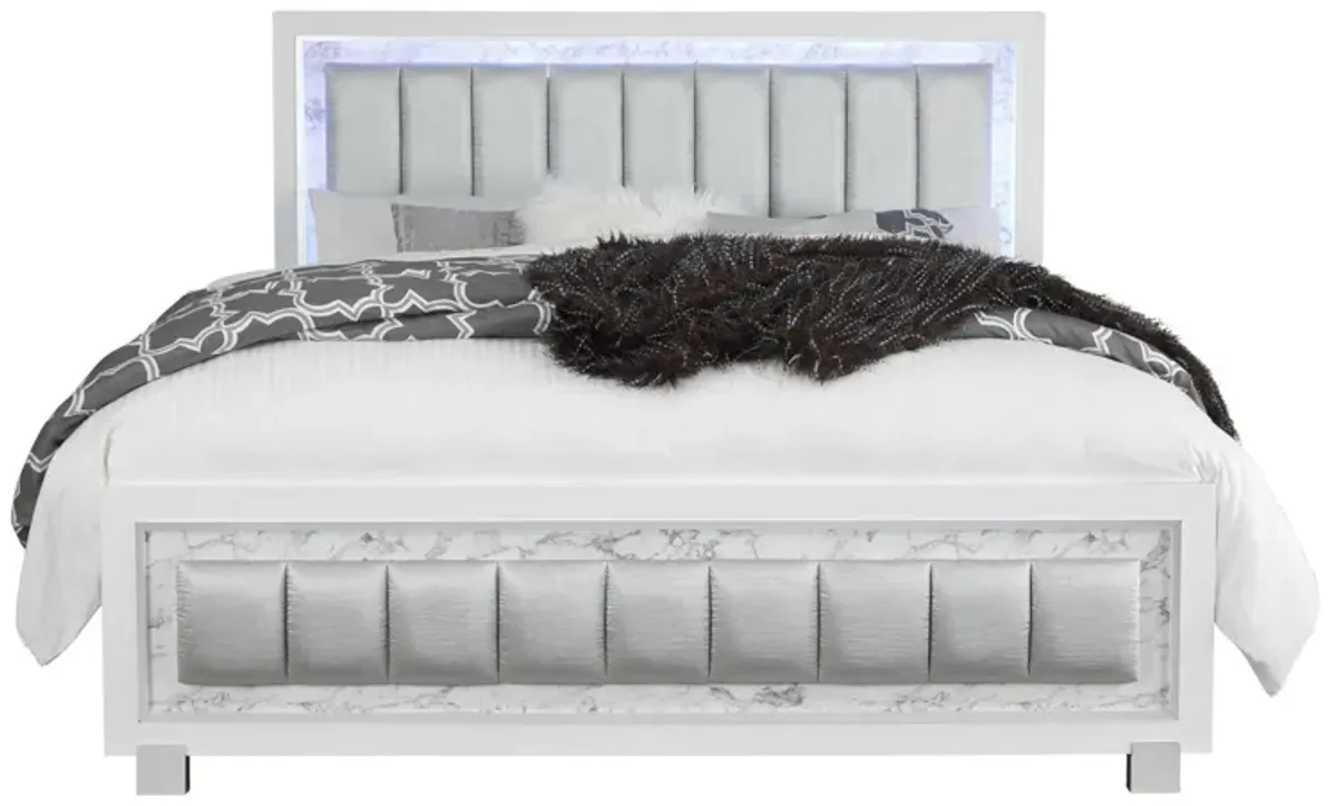 Modern Luxurious Queen Bed With Padded Headboard Led Lightning - White