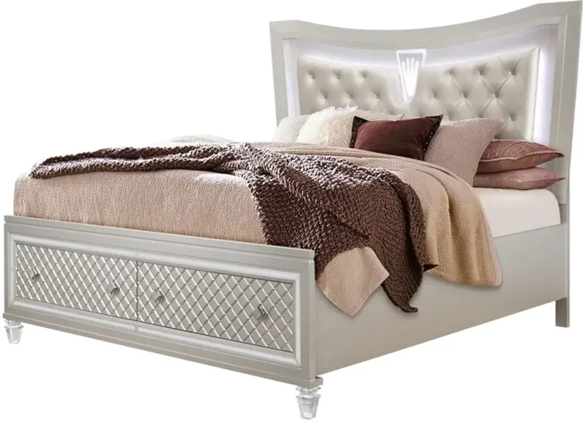 Queen Bed With Padded Headboard Led Lightning 2 Drawer - Champagne Tone