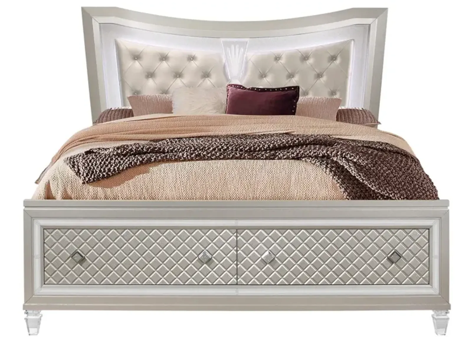 Queen Bed With Padded Headboard Led Lightning 2 Drawer - Champagne Tone