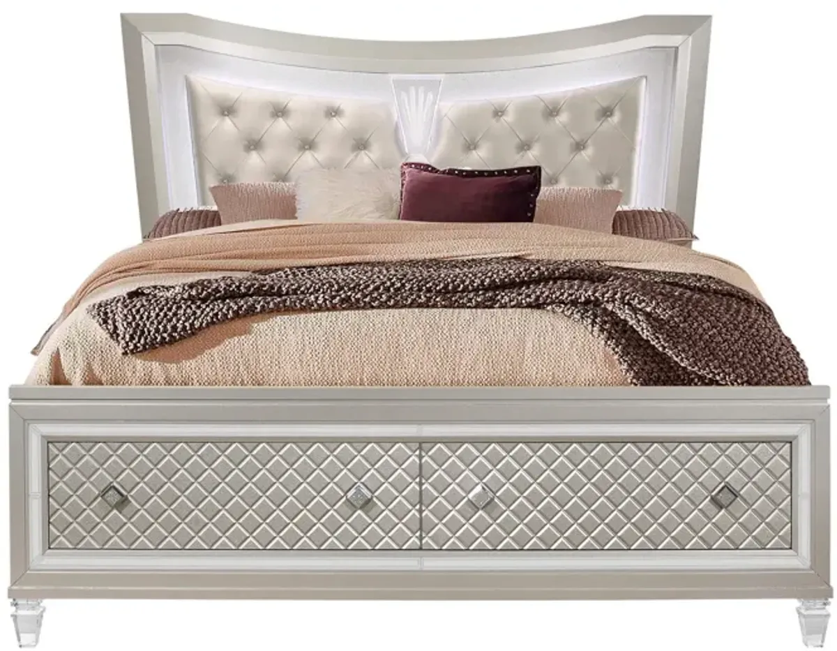 Queen Bed With Padded Headboard Led Lightning 2 Drawer - Champagne Tone