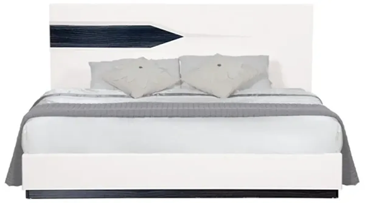 Queen Bed With Dark Gray Zebrano Details On Headboard And Bottom Rail Accent - White