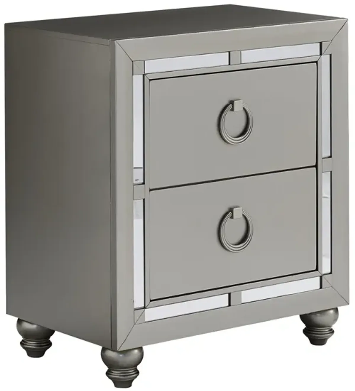 Champagne Tone Nightstand With 2 Drawer Mirror Trim Accent - Silver