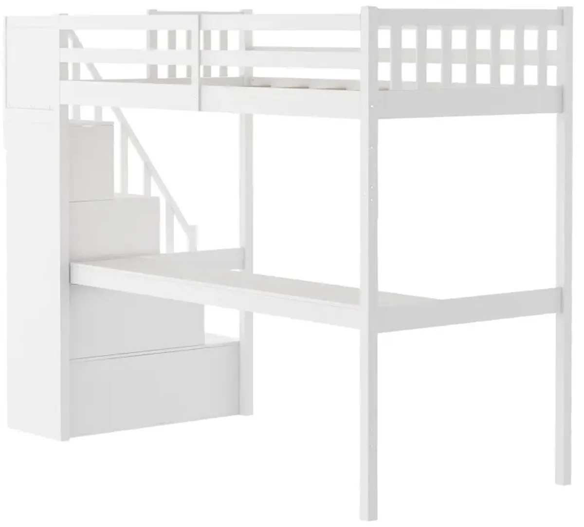 Twin Size Loft Bed with Built In Desk and Stairway - White