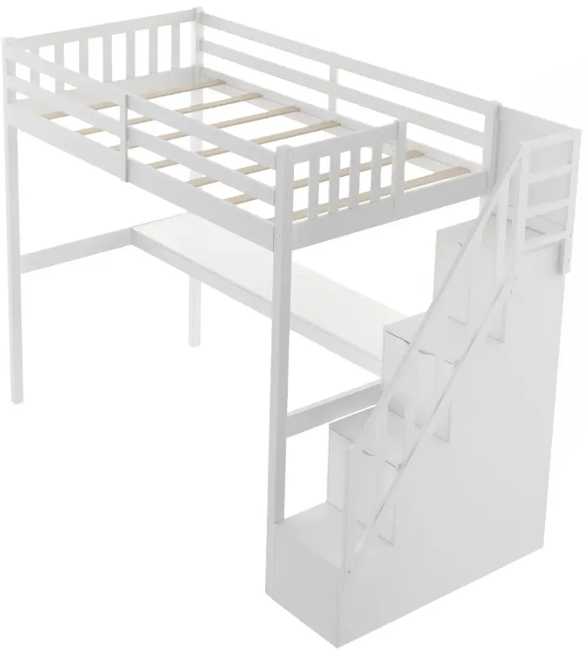 Twin Size Loft Bed with Built In Desk and Stairway - White