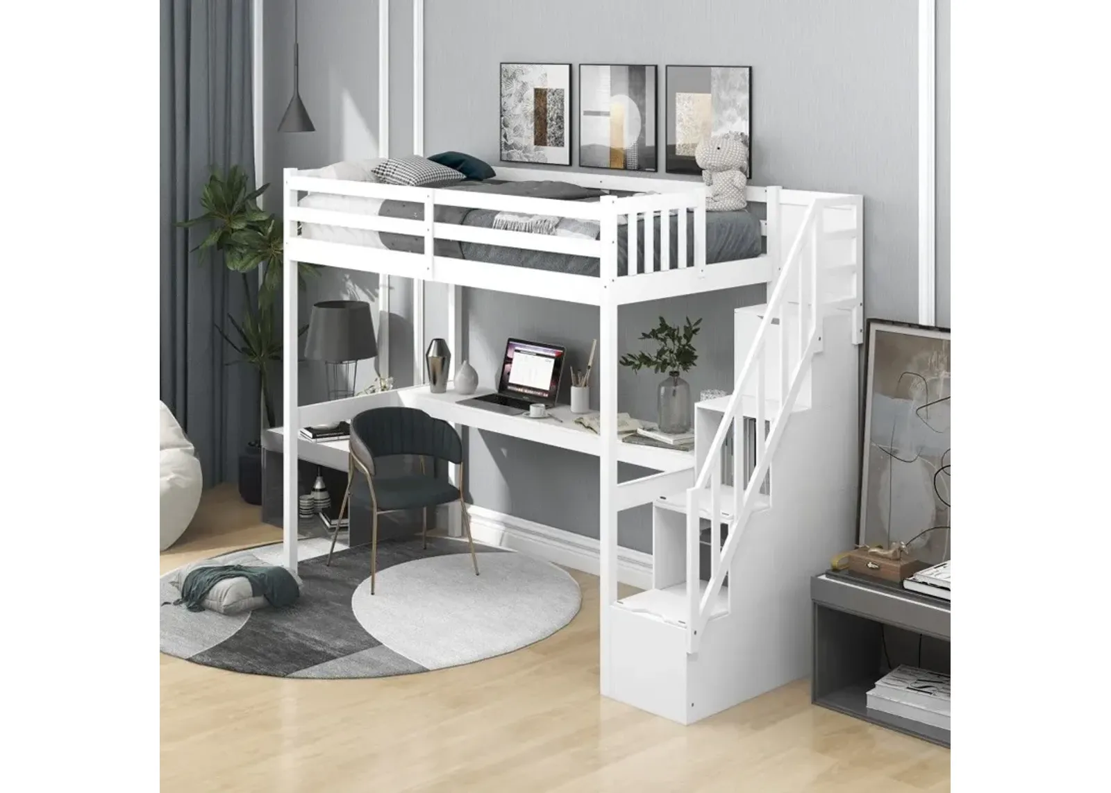 Twin Size Loft Bed with Built In Desk and Stairway - White