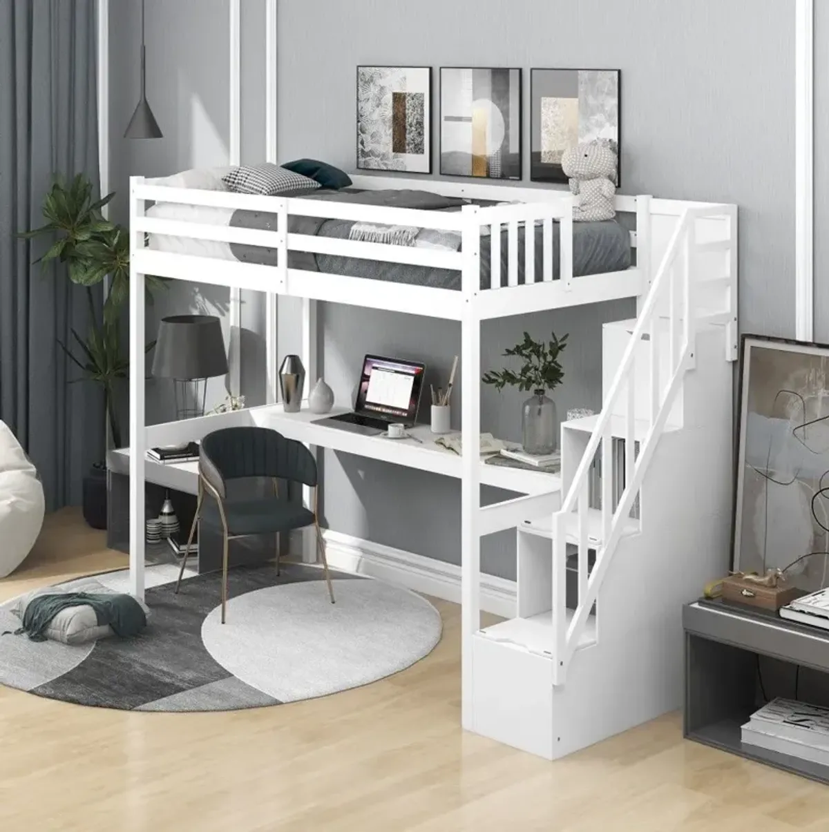 Twin Size Loft Bed with Built In Desk and Stairway - White