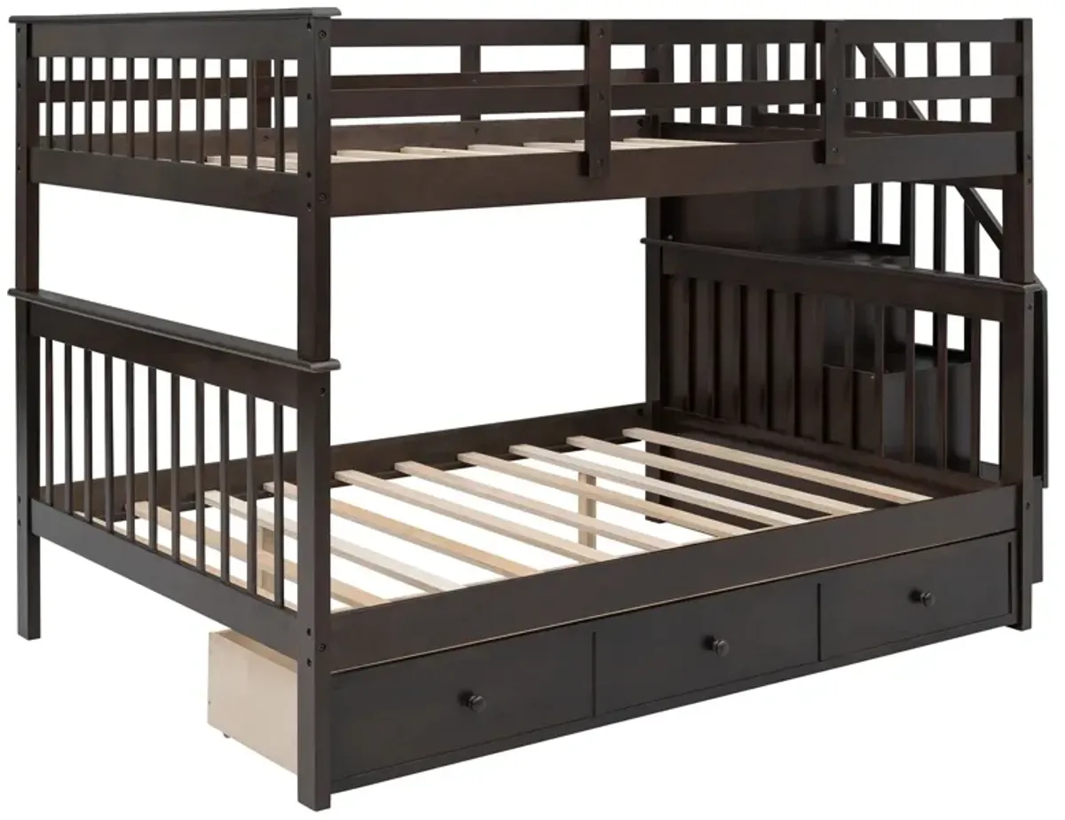 Double Full Size Stairway Bunk Bed With Drawer - Brown