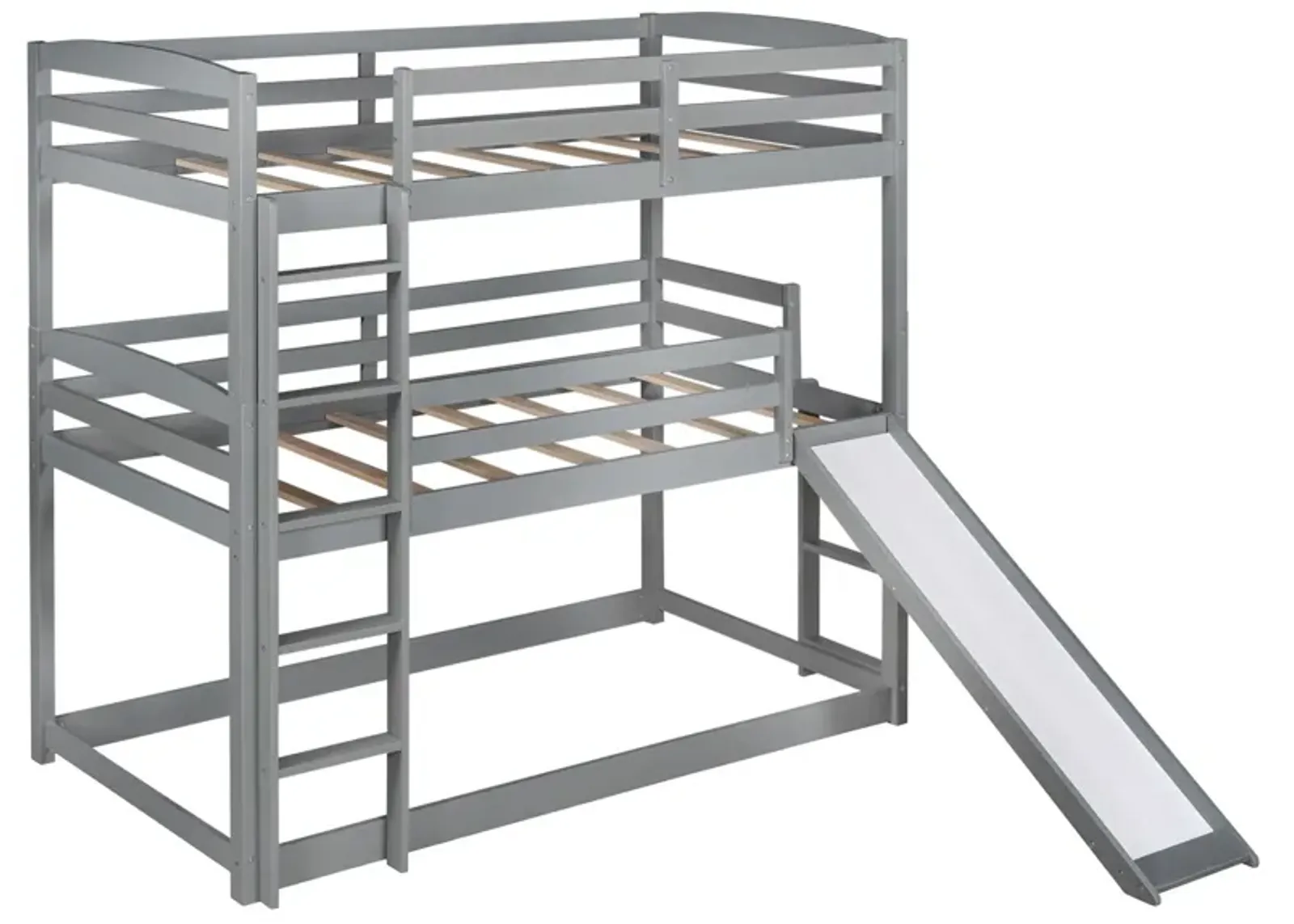 Triple Bunk Twin Sized Bed with Slide - Gray