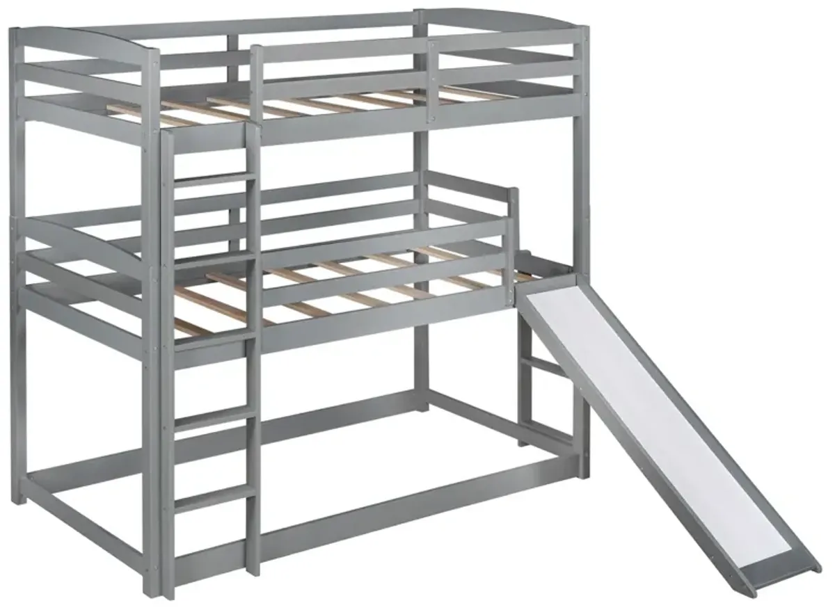 Triple Bunk Twin Sized Bed with Slide - Gray