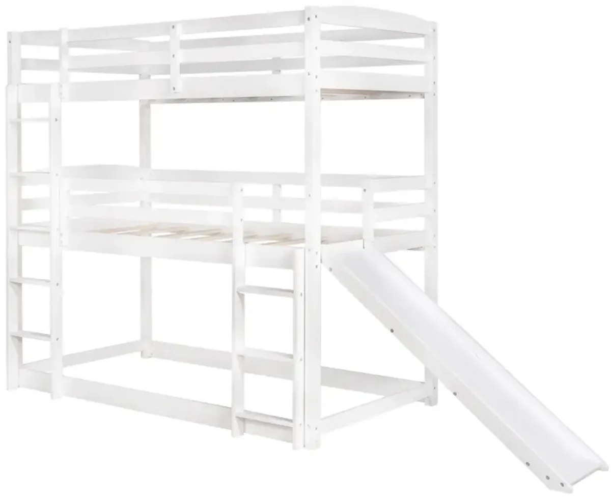 Triple Bunk Twin Sized Bed with Slide - White