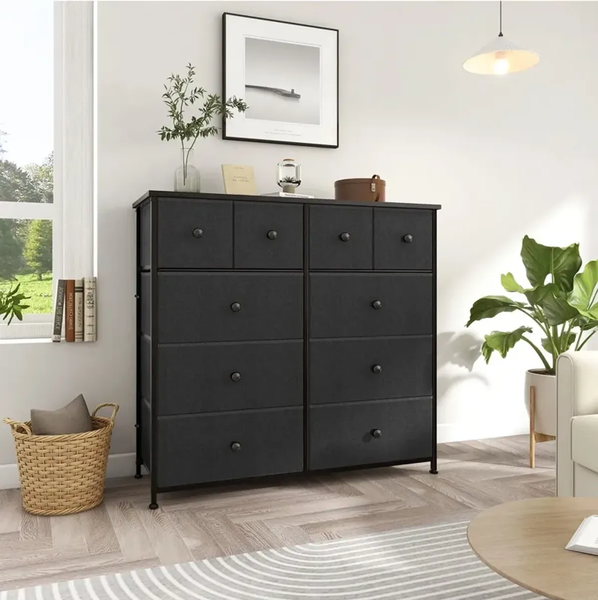 Ten Drawer Fabric Dresser - Black / Gray