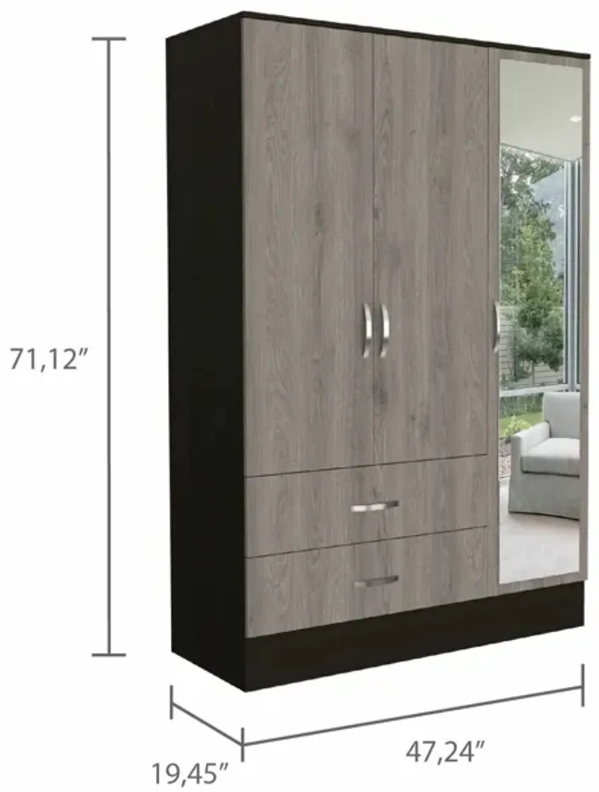 Three Door Wardrobe Closet With Mirror - Light Oak /	Black