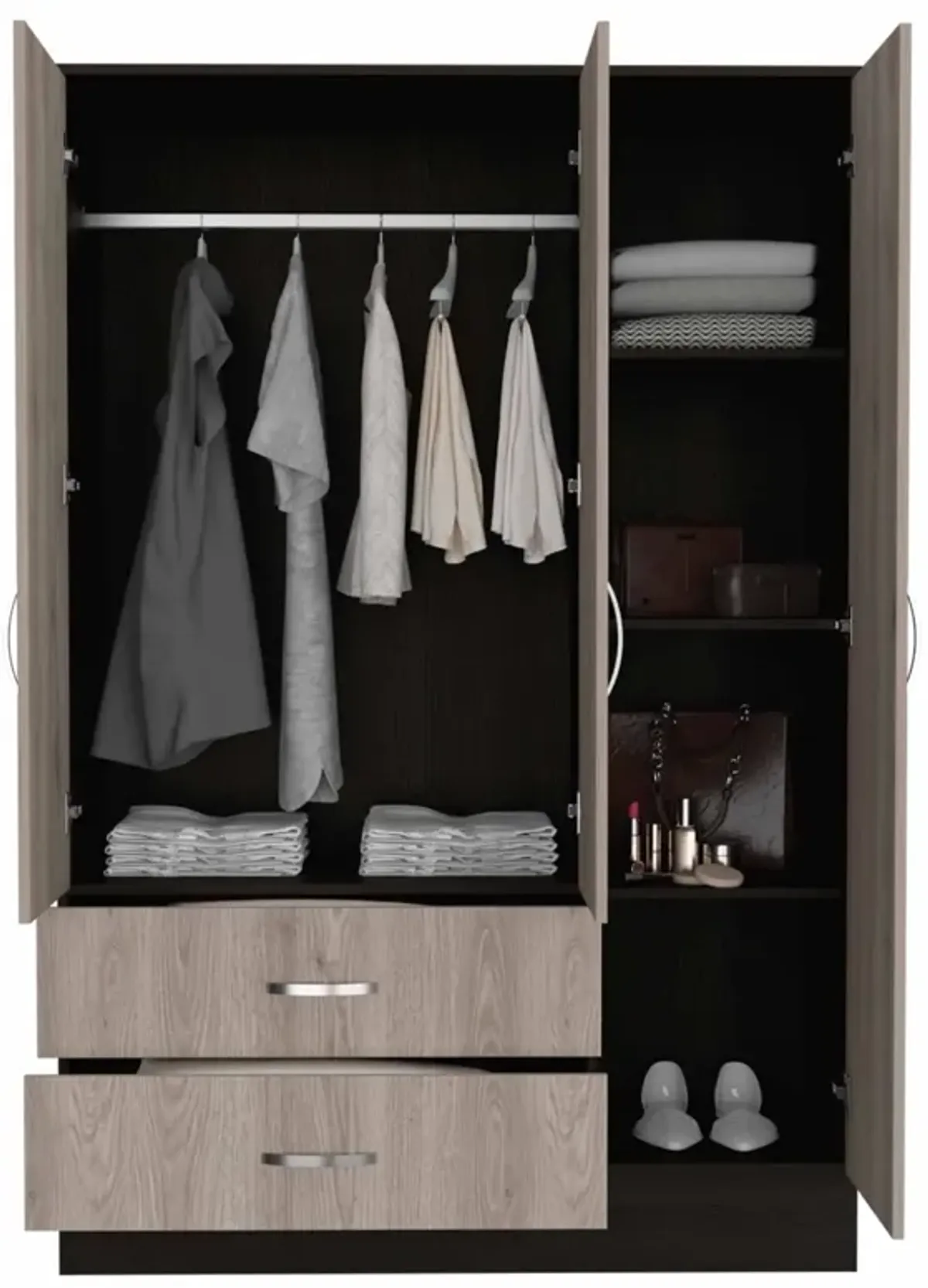 Three Door Wardrobe Closet With Mirror - Light Oak /	Black