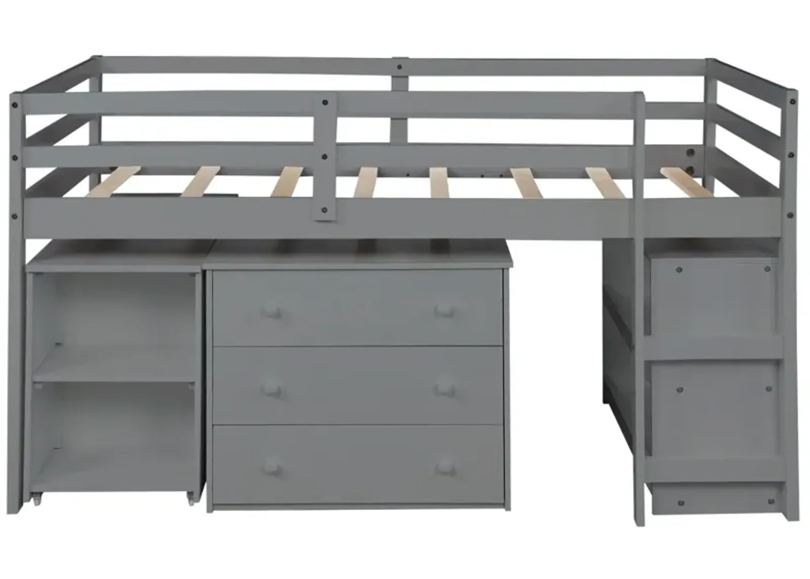 Low Twin Loft Bed With Cabinet and Desk - Gray