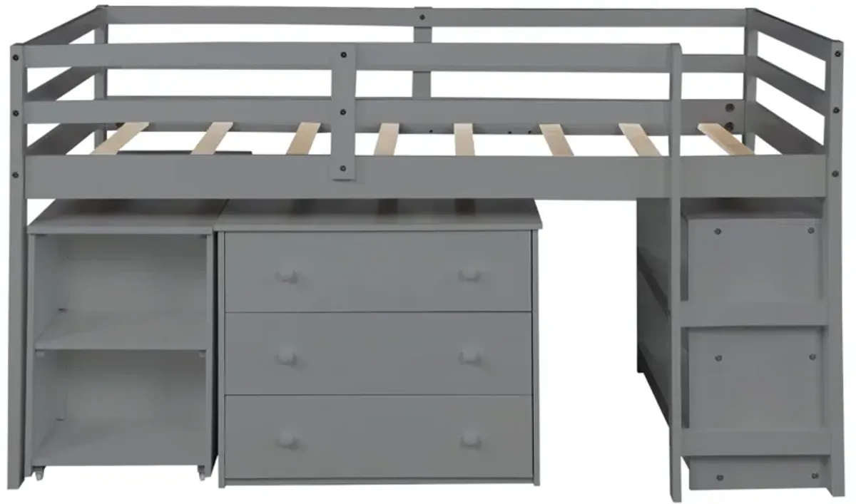 Low Twin Loft Bed With Cabinet and Desk - Gray