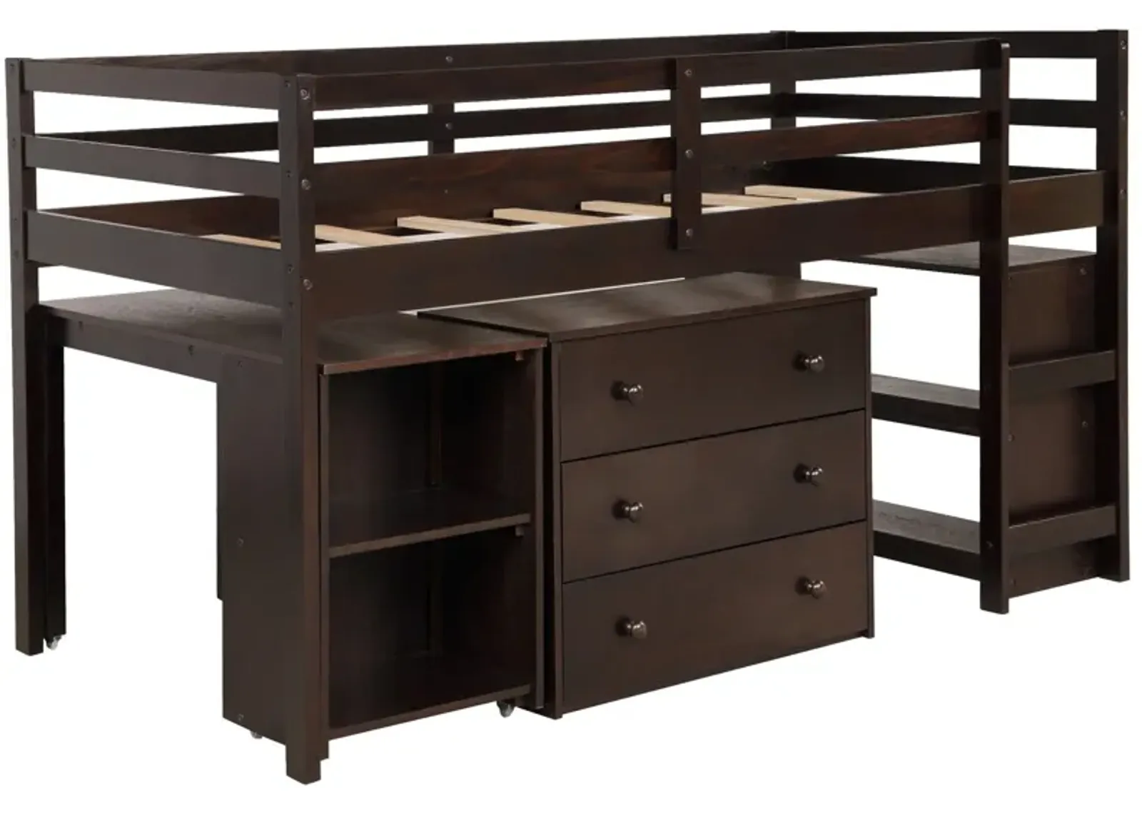 Low Twin Loft Bed With Cabinet and Desk - Brown