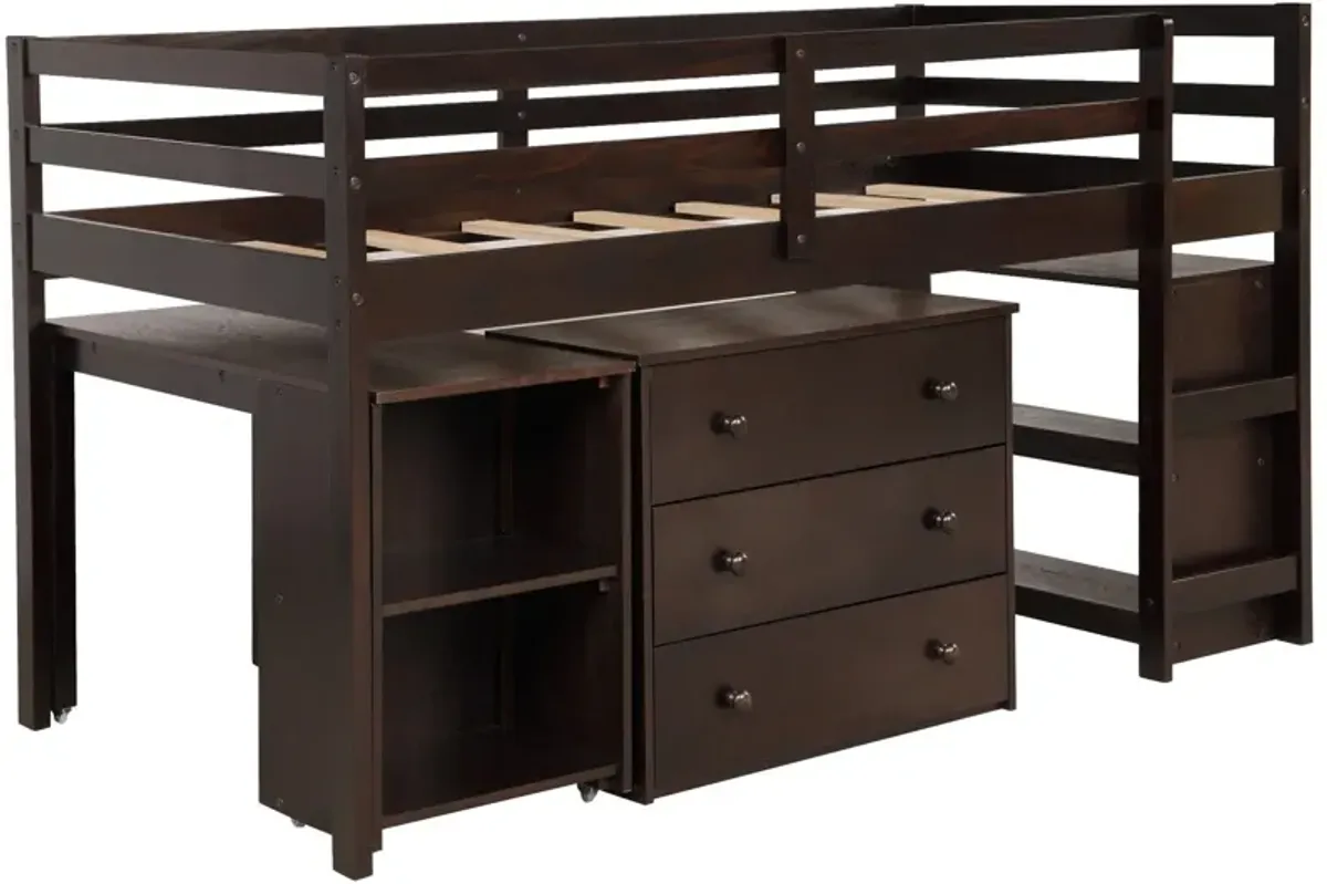 Low Twin Loft Bed With Cabinet and Desk - Brown