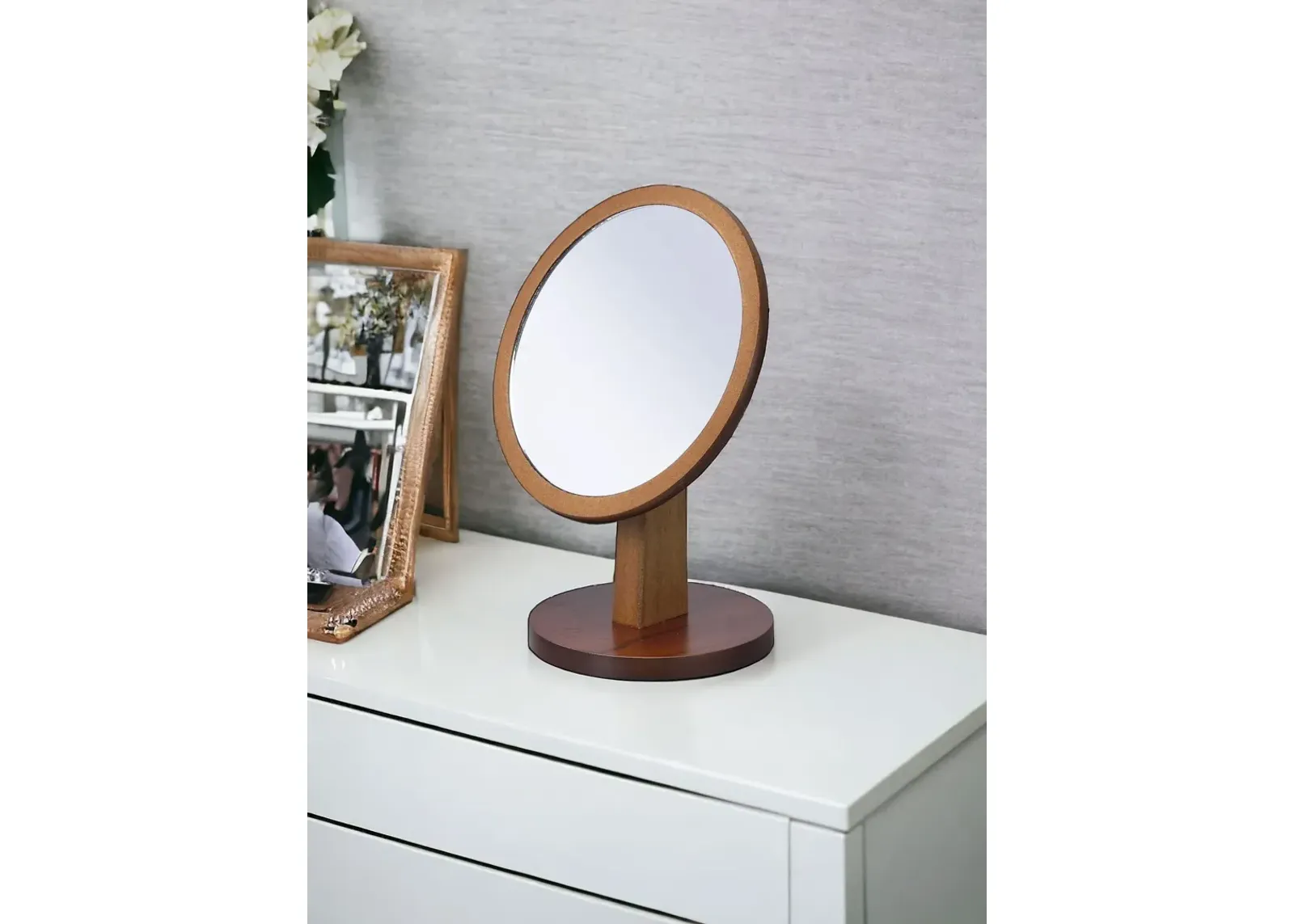 10" Round Framed Makeup Shaving Tabletop Mirror - Brown