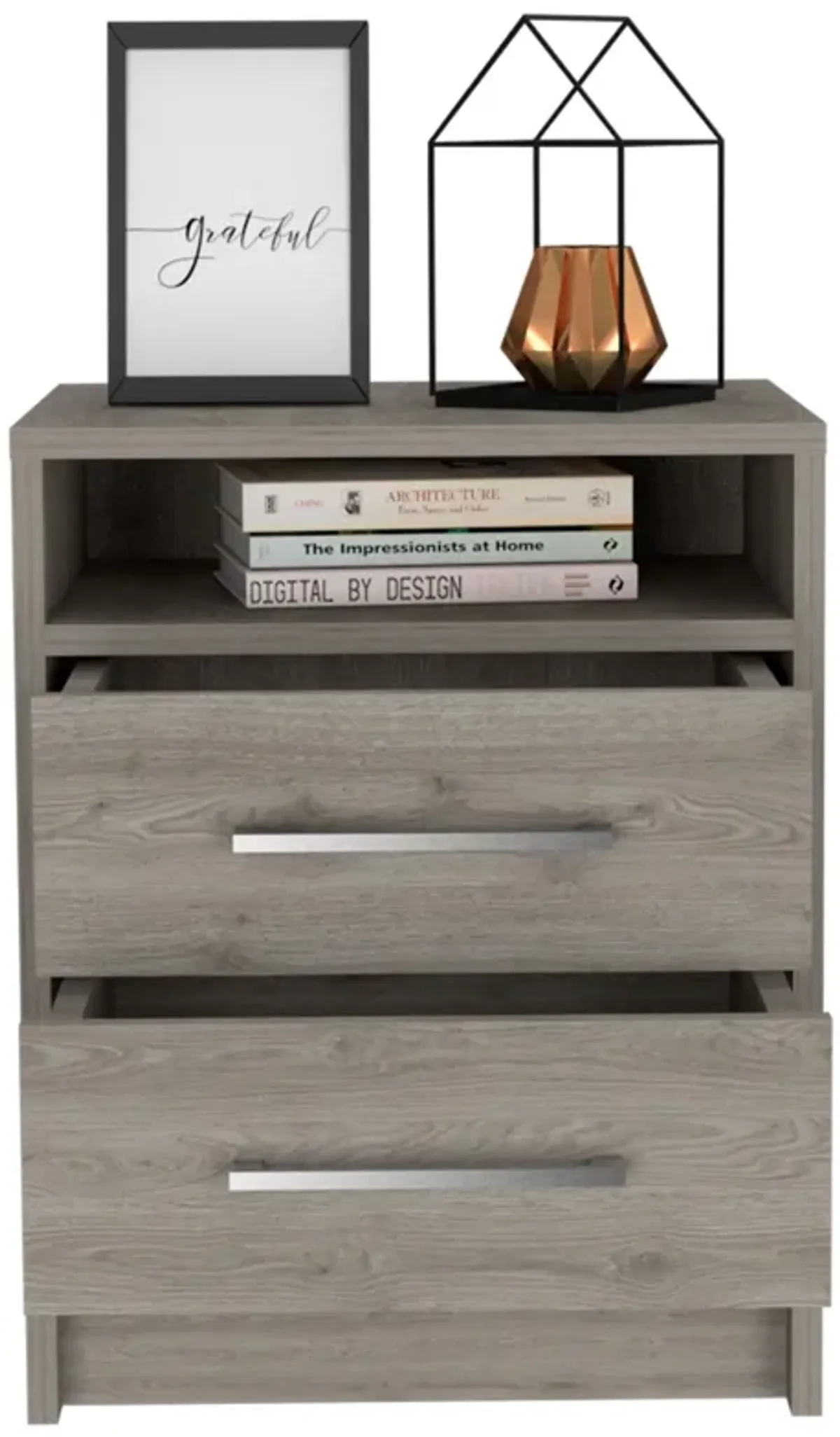 Open Compartment Two Drawer Nightstand - Light Gray