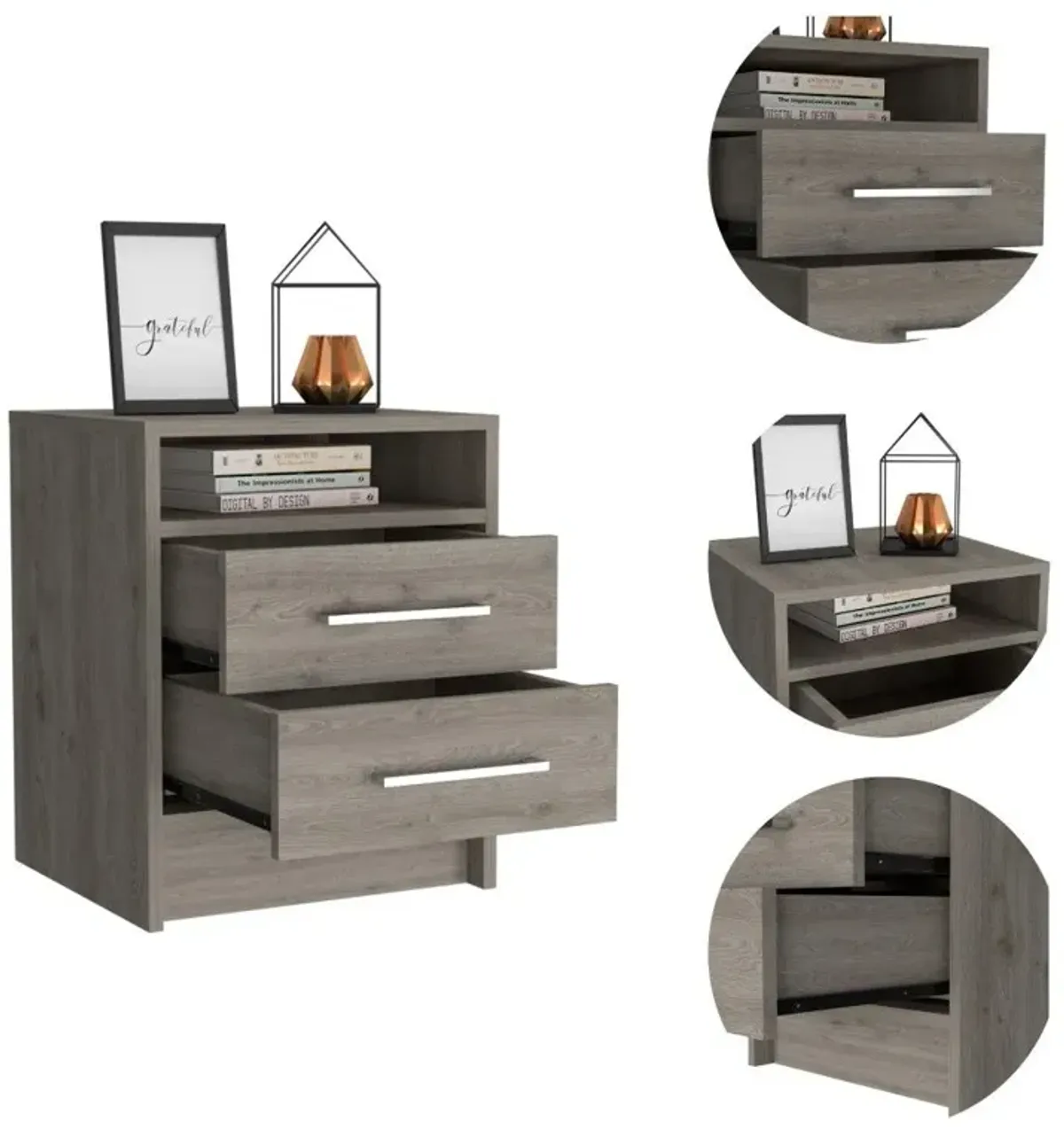 Open Compartment Two Drawer Nightstand - Light Gray