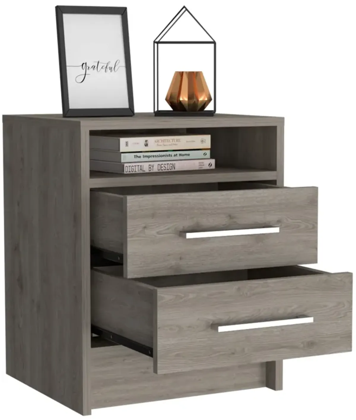 Open Compartment Two Drawer Nightstand - Light Gray