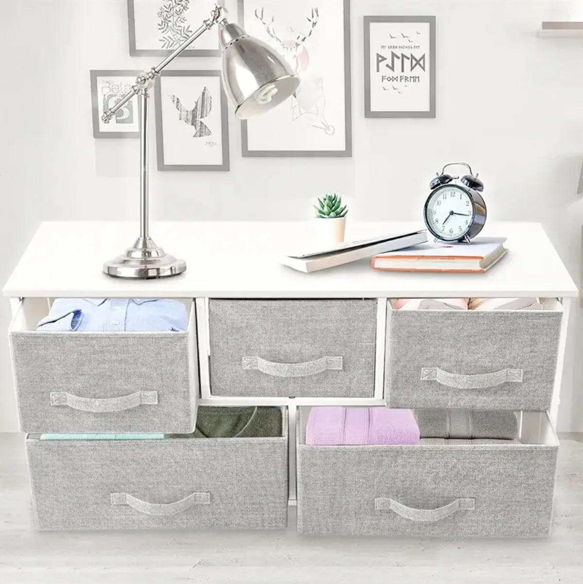 Fabric Five Drawer Dresser - Gray / White