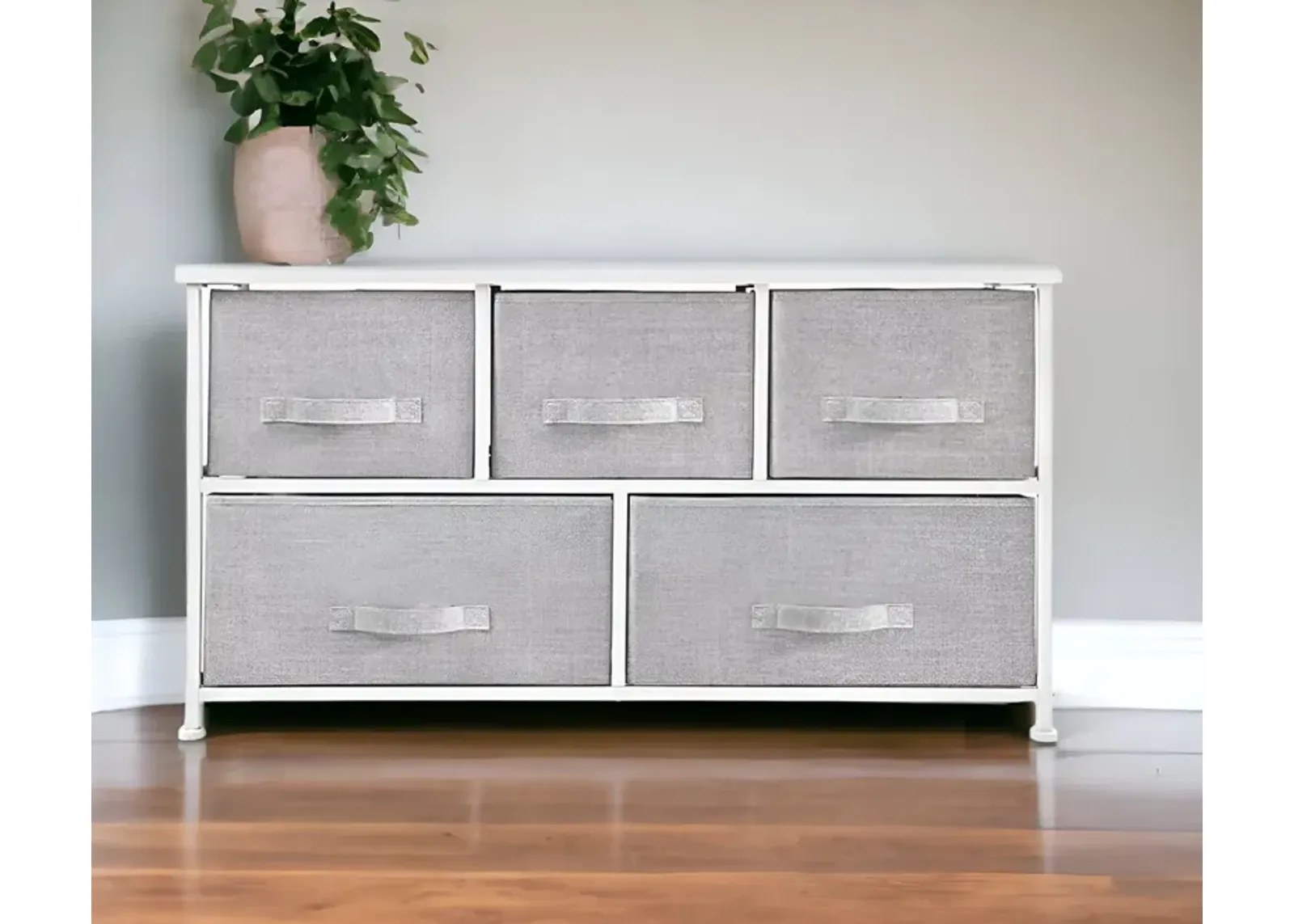 Fabric Five Drawer Dresser - Gray / White