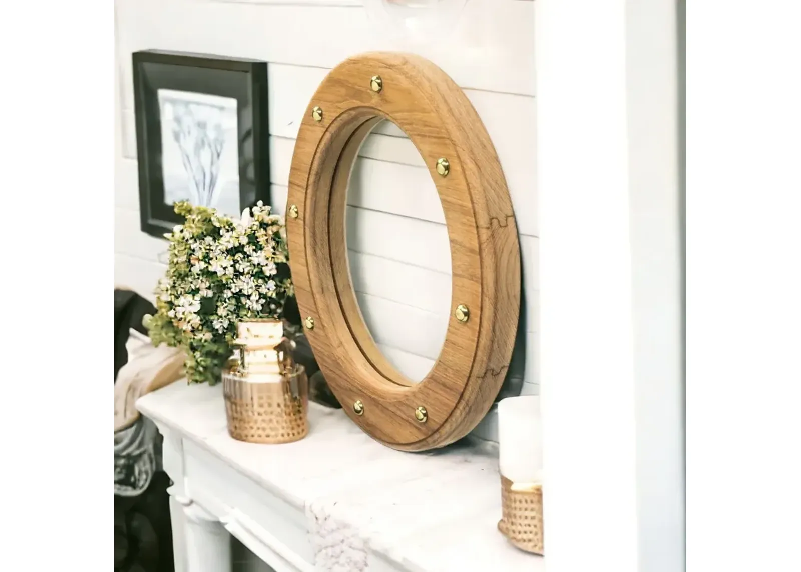 11" Round Wall Mounted Teak Wood Mirror With Nautical Rivets - Silver