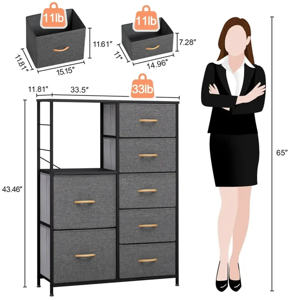 Steel And Fabric Seven Drawer Chest - Gray / Black