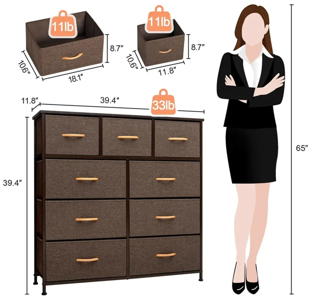 Steel And Fabric Nine Drawer Triple Dresser - Brown