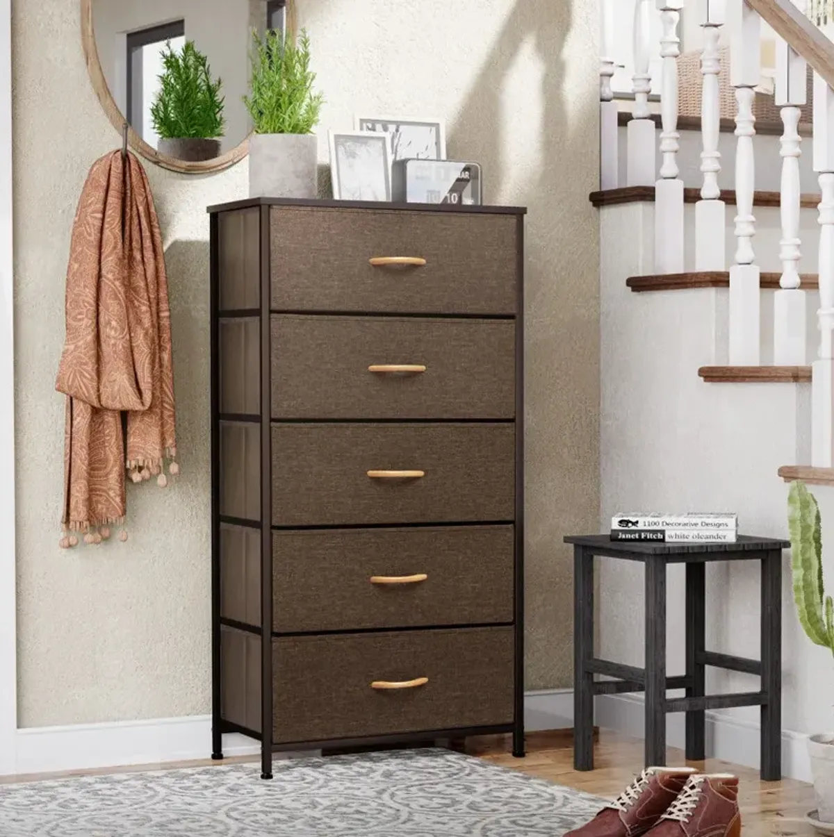 Steel And Fabric 5 Drawer Chest - Brown