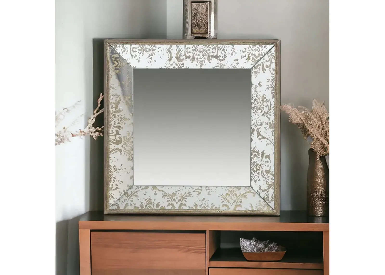 15" Square Vintage Style Wall Mounted Accent Mirror - Silver