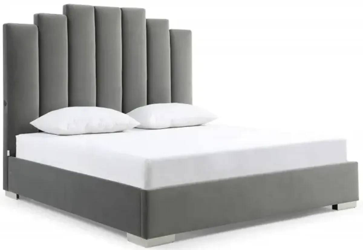 Queen Upholstered Vertical Channel Velvet Bed with USB - Gray