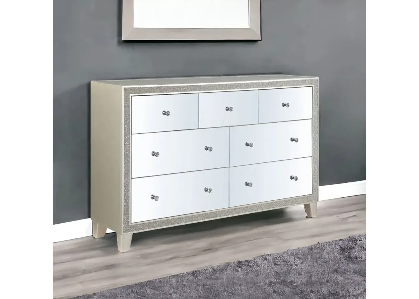 Solid Wood Mirrored Seven Drawer Triple Dresser - Champagne