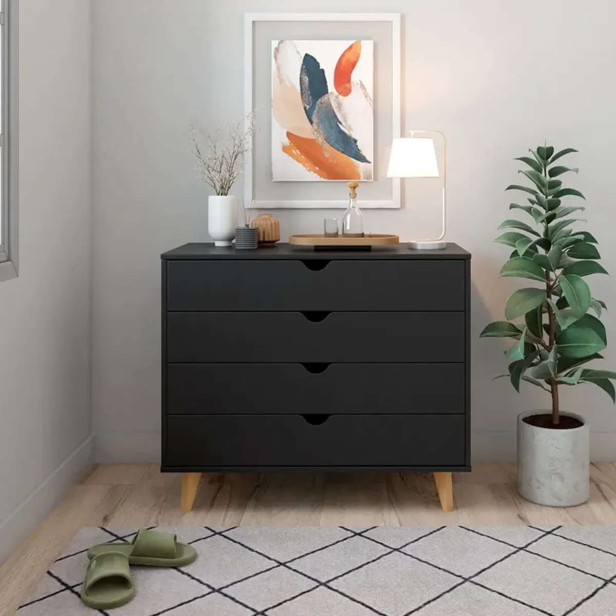 Solid Wood Four Drawer Dresser - Black