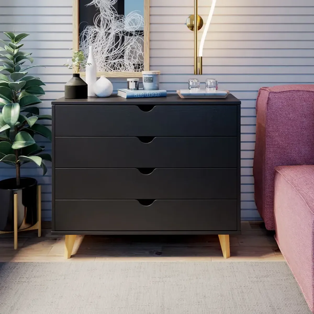 Solid Wood Four Drawer Dresser - Black